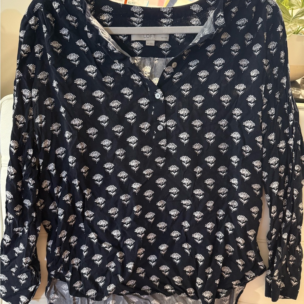 LOFT Navy and White Floral Blouse